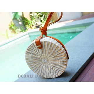 rattan sling bags circle design leather long handle